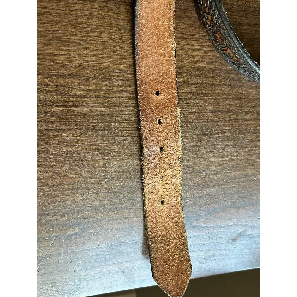 Vintage belt 42 hand tooled Western deer mountains brass buckle basket-weave